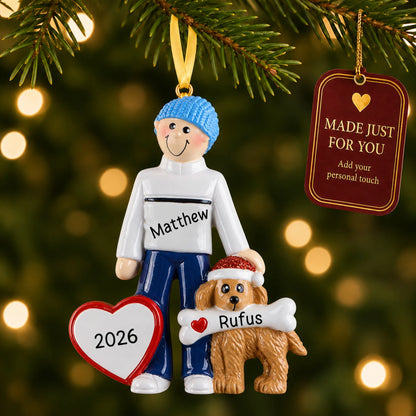 Man and Dog christmas ornament hanging on a lit Christmas tree with a Made Just For You gift tag