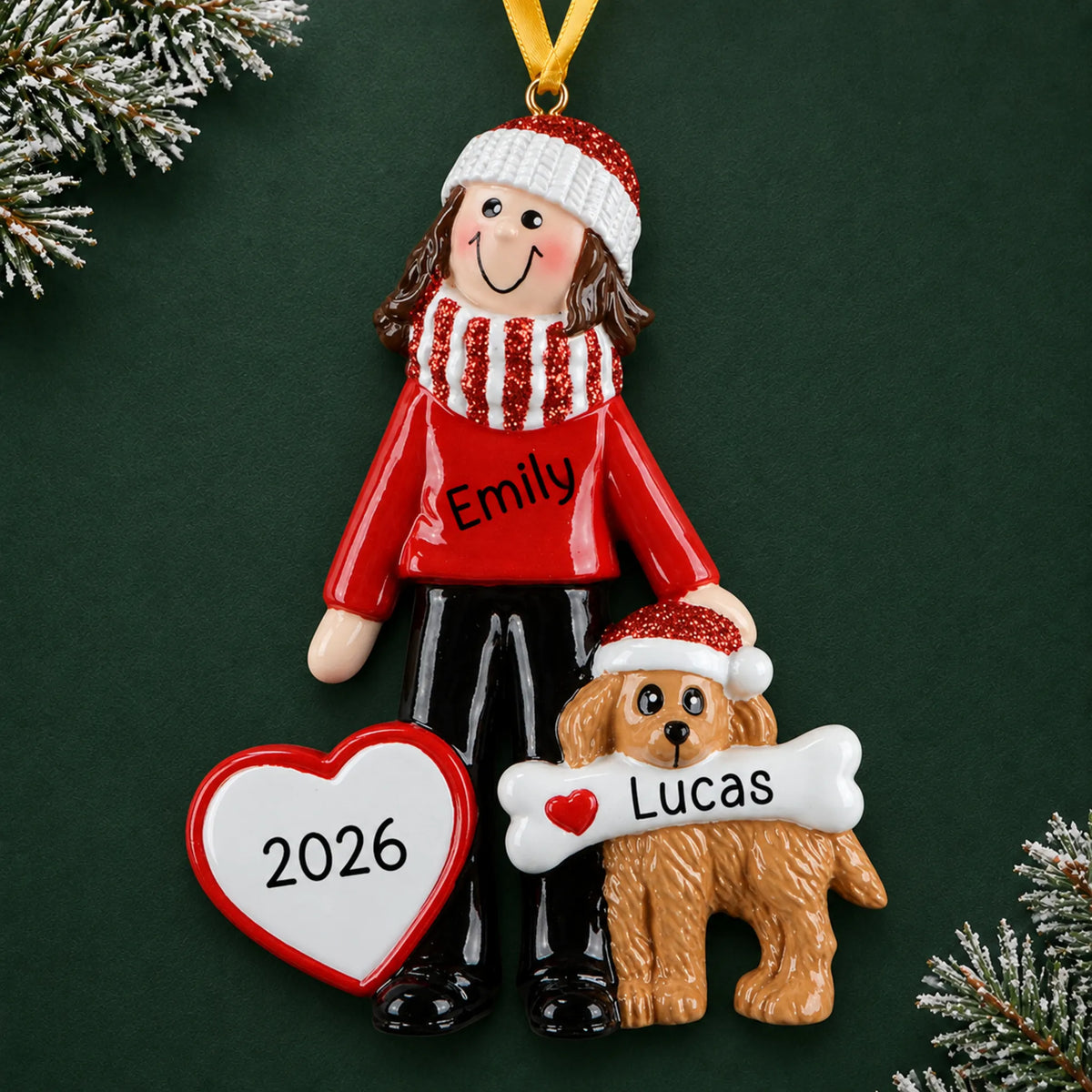 Personalized Woman and Dog christmas ornament on a dark green pine background