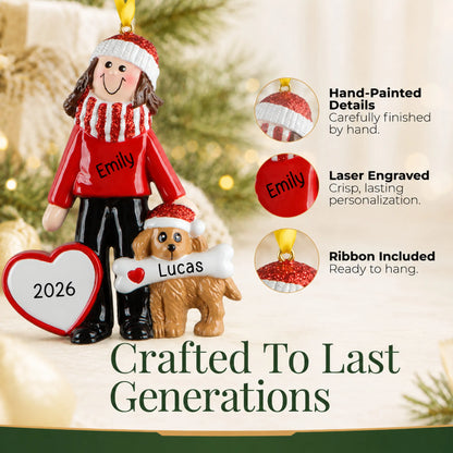 Hand-painted, laser engraved Woman and Dog christmas ornament, ribbon included