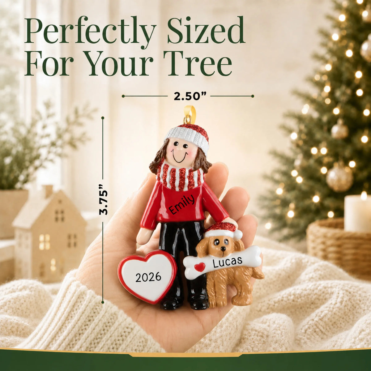 Size guide: the personalized Woman and Dog christmas ornament is 2.50 in wide by 3.75 in tall, shown in hand