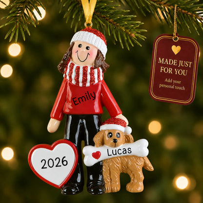 Woman and Dog christmas ornament hanging on a lit Christmas tree with a Made Just For You gift tag