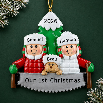 Personalized outdoor couple with dog christmas ornament on a dark green pine background