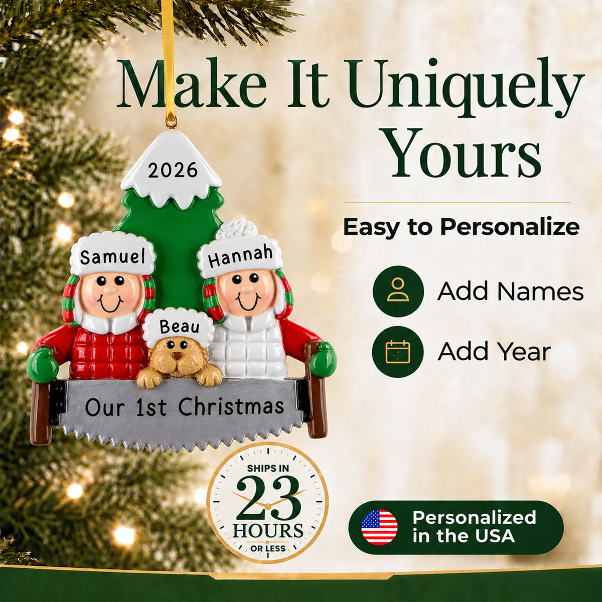 Make it yours: add names to the personalized outdoor couple with dog christmas ornament