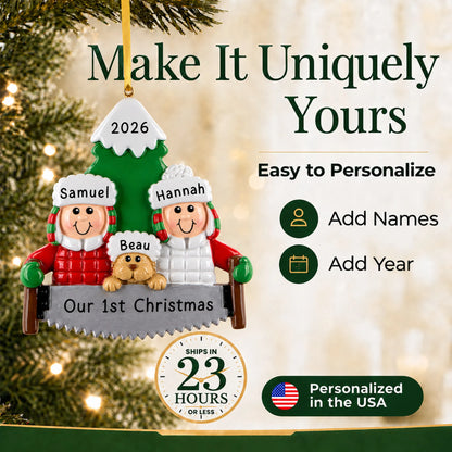 Make it yours: add names to the personalized outdoor couple with dog christmas ornament