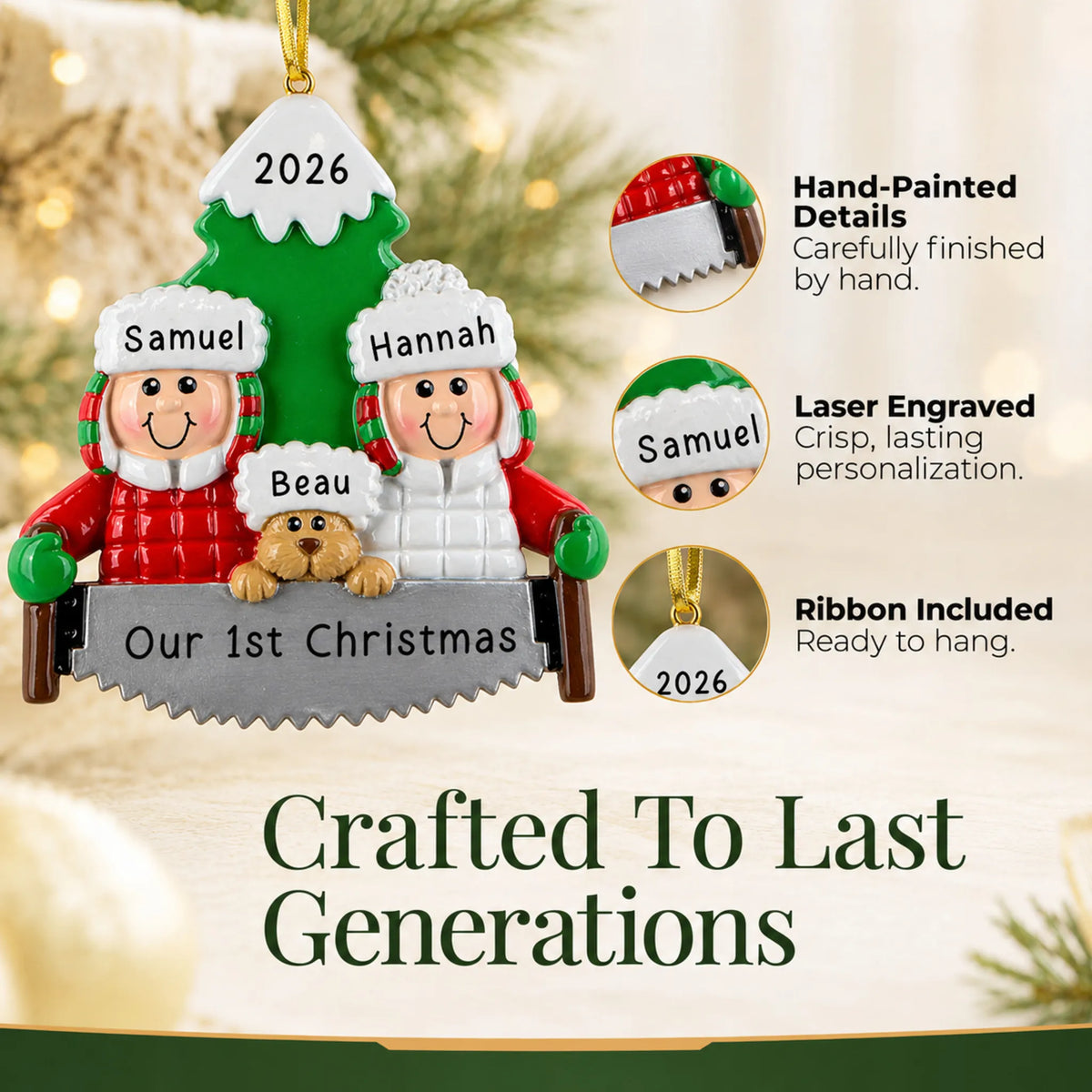 Hand-painted details and laser engraved personalization on the outdoor couple with dog christmas ornament, ribbon included