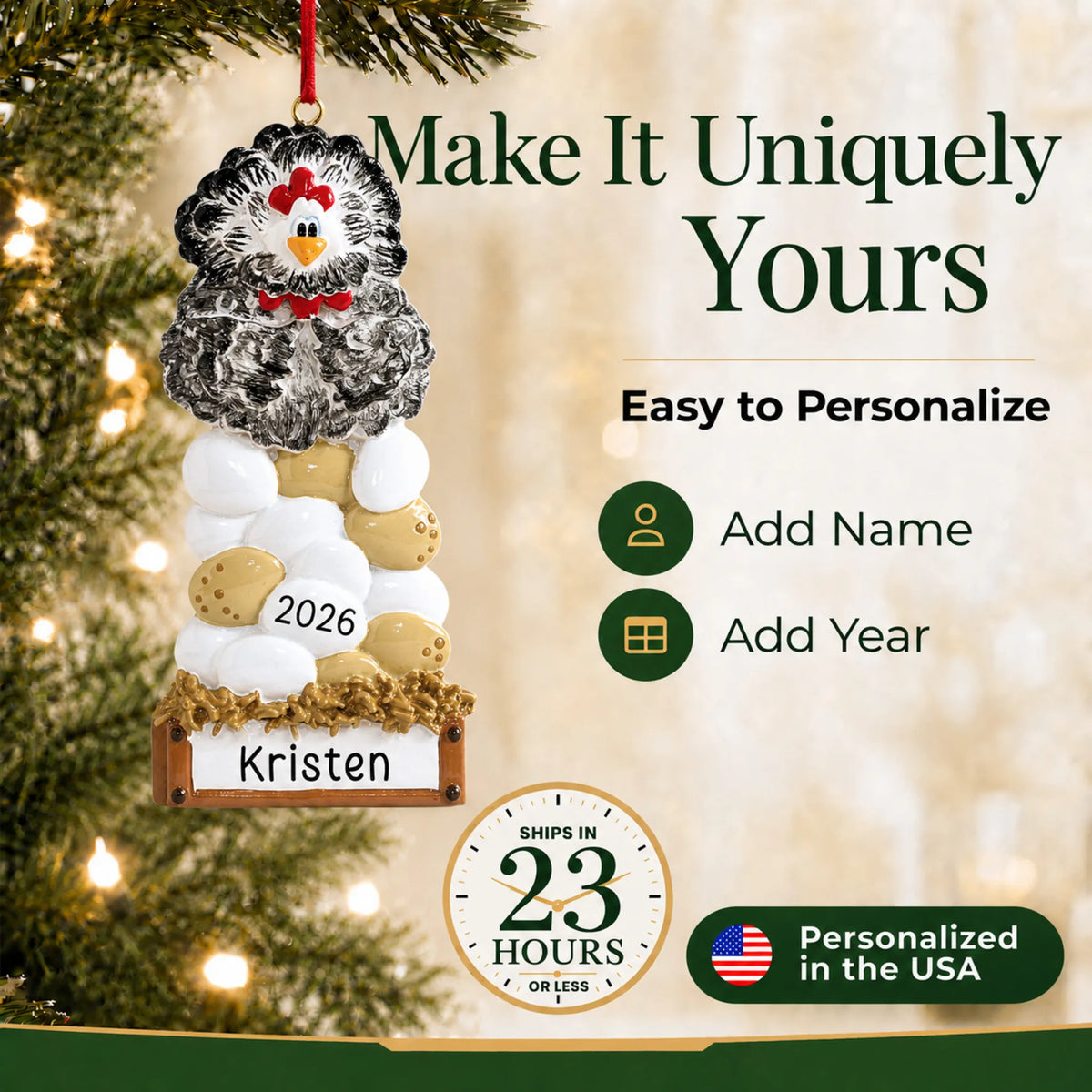 Make it yours: add a name and year to the personalized chicken laying eggs christmas ornament