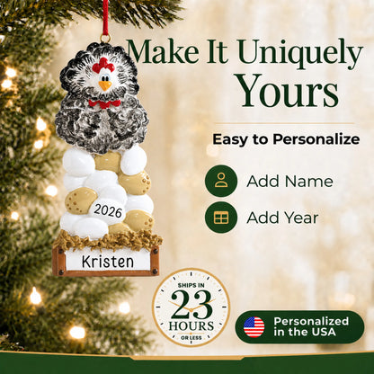 Make it yours: add a name and year to the personalized chicken laying eggs christmas ornament