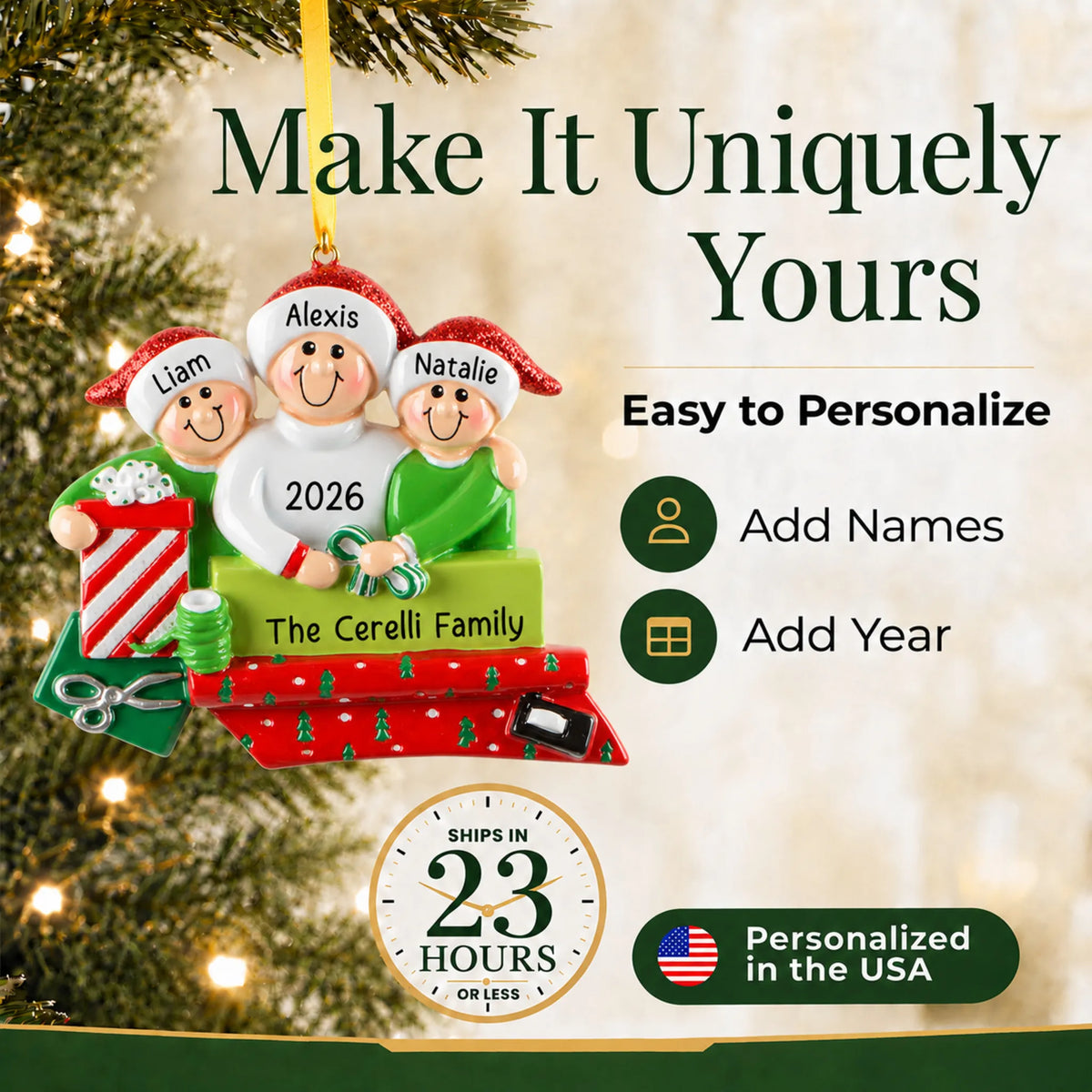 Make it yours: add names and year to the personalized single parent & 2 children christmas ornament