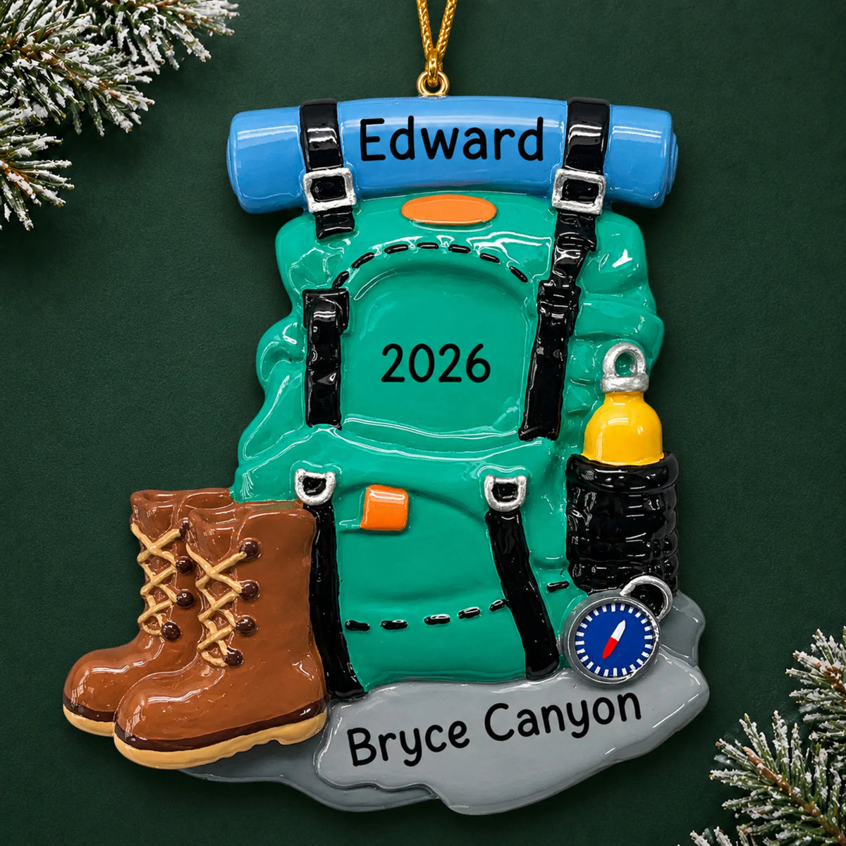 Personalized hiking backpack christmas ornament on a dark green pine background
