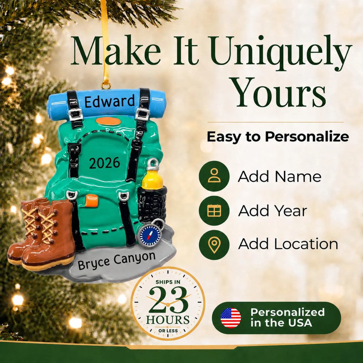 Make it yours: personalize the hiking backpack christmas ornament