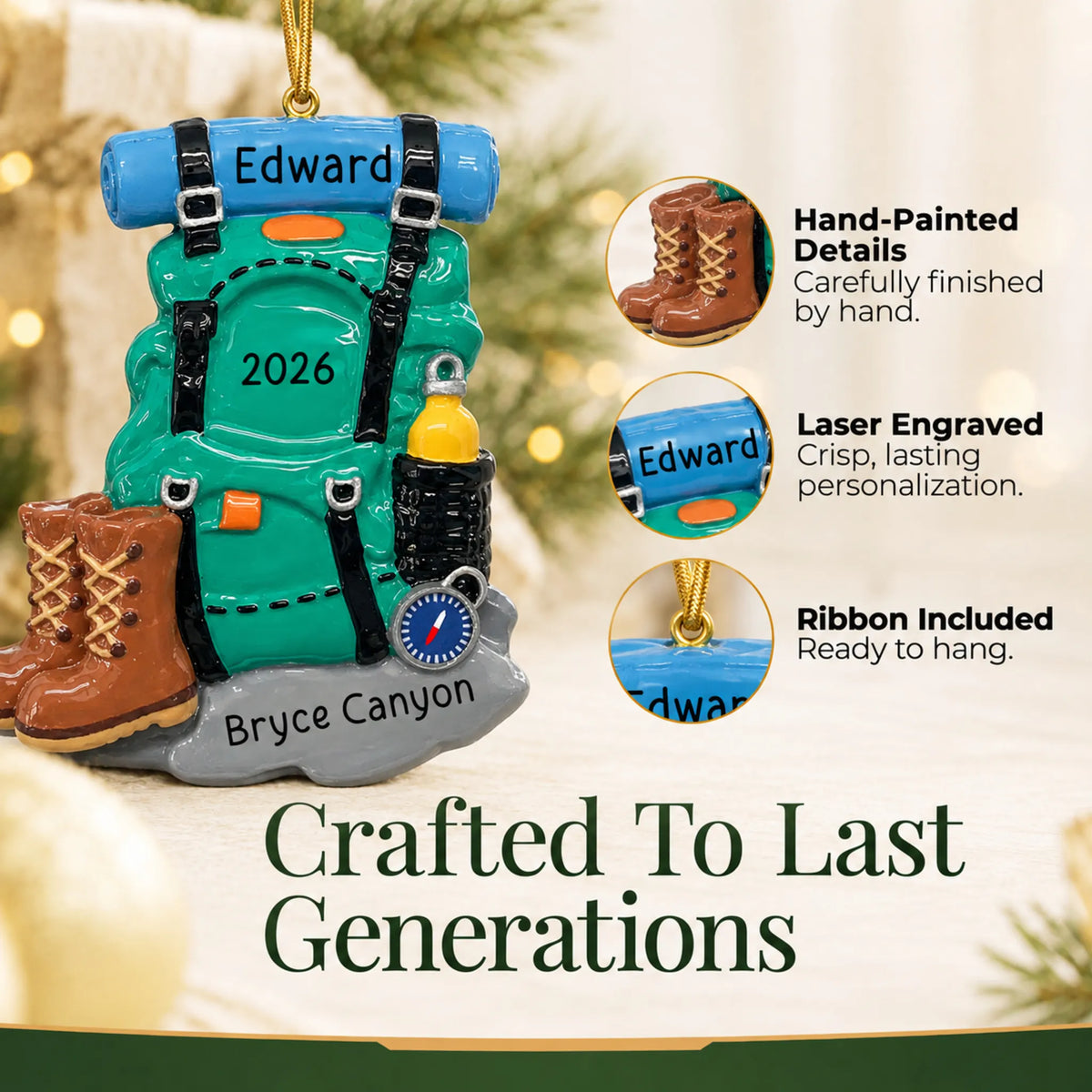 Hand-painted details and laser engraved personalization on the hiking backpack christmas ornament, ribbon included