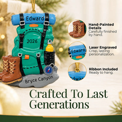 Hand-painted details and laser engraved personalization on the hiking backpack christmas ornament, ribbon included