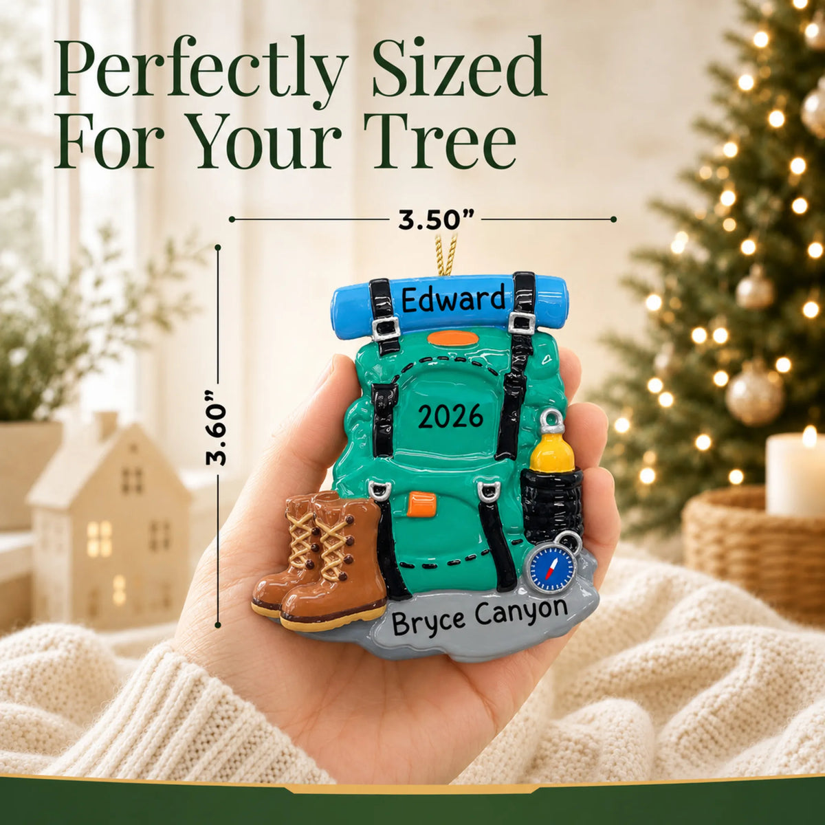 Size guide: the personalized hiking backpack christmas ornament is 3.50 in wide by 3.60 in tall, shown in hand