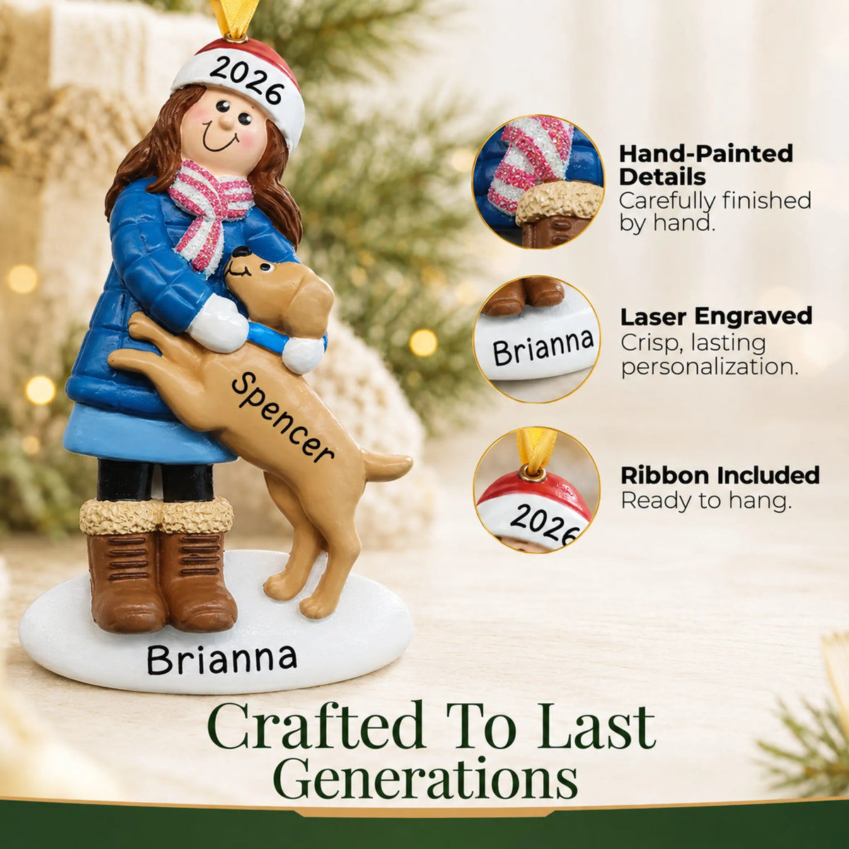 Hand-painted, laser engraved Girl With Brown Dog christmas ornament, ribbon included