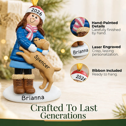 Hand-painted, laser engraved Girl With Brown Dog christmas ornament, ribbon included