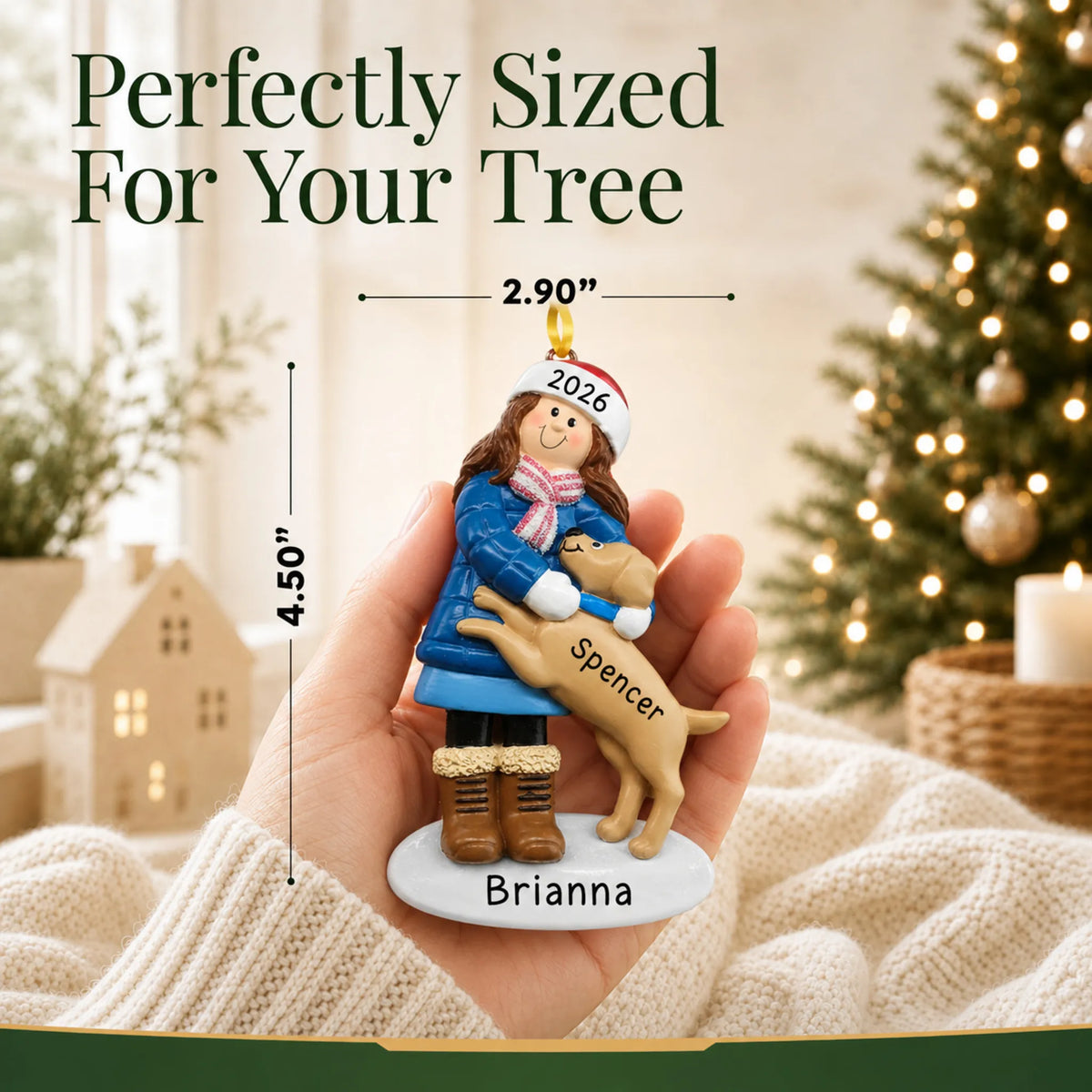Size guide: the personalized Girl With Brown Dog christmas ornament is 2.90 in wide by 4.50 in tall, shown in hand