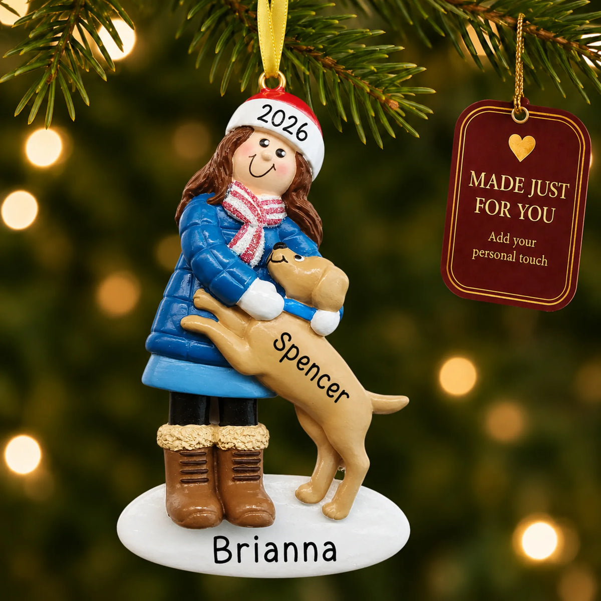 Girl With Brown Dog christmas ornament hanging on a lit Christmas tree with a Made Just For You gift tag