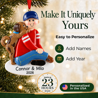 Make it yours: personalize the Boy With Puppy christmas ornament with your name, your dog's name and the year