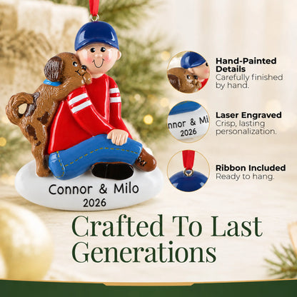 Hand-painted, laser engraved Boy With Puppy christmas ornament, ribbon included