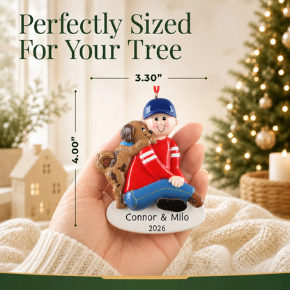 Size guide: the personalized Boy With Puppy christmas ornament is 3.30 in wide by 4.00 in tall, shown in hand
