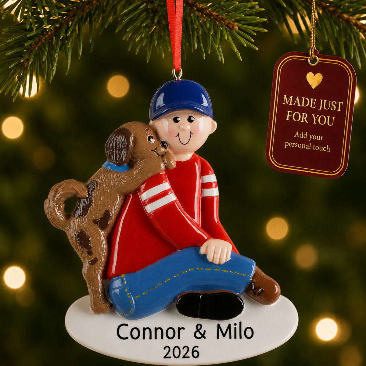 Boy With Puppy christmas ornament hanging on a lit Christmas tree with a Made Just For You gift tag