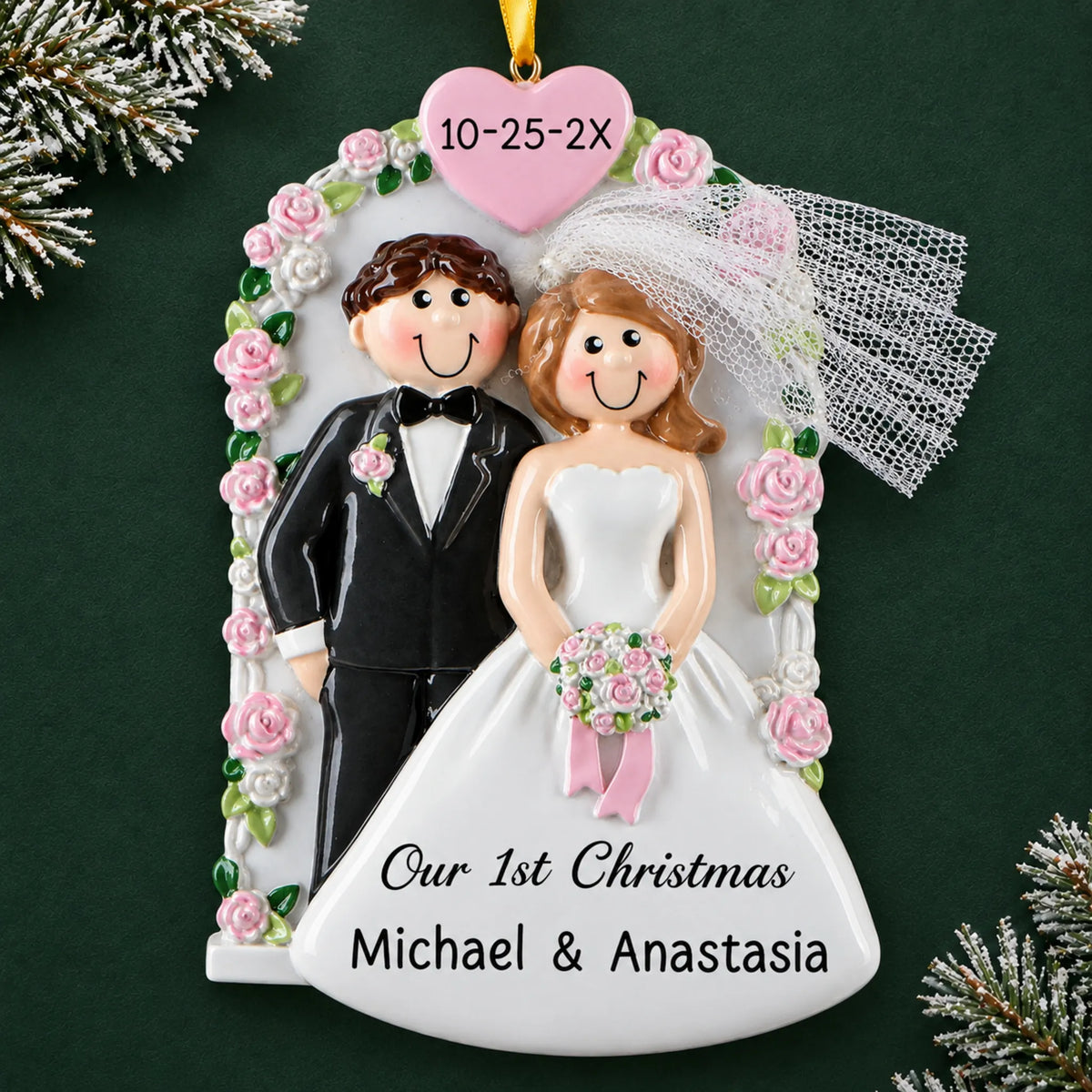 Personalized Wedding Arch Just Married christmas ornament on a dark green pine background
