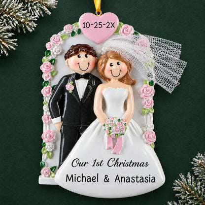 Personalized Wedding Arch Just Married christmas ornament on a dark green pine background