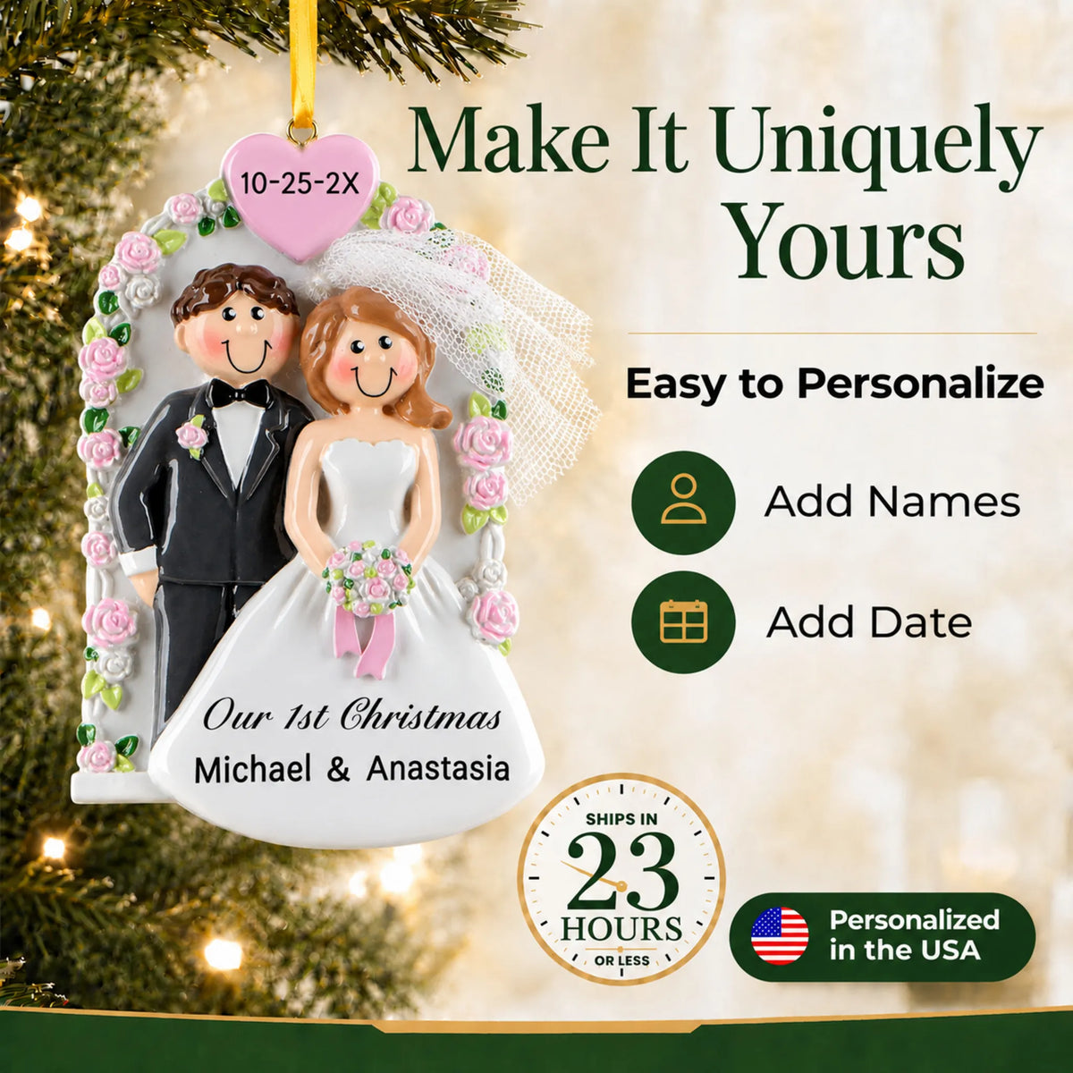 Make it yours: personalize the Wedding Arch Just Married christmas ornament with names and the date