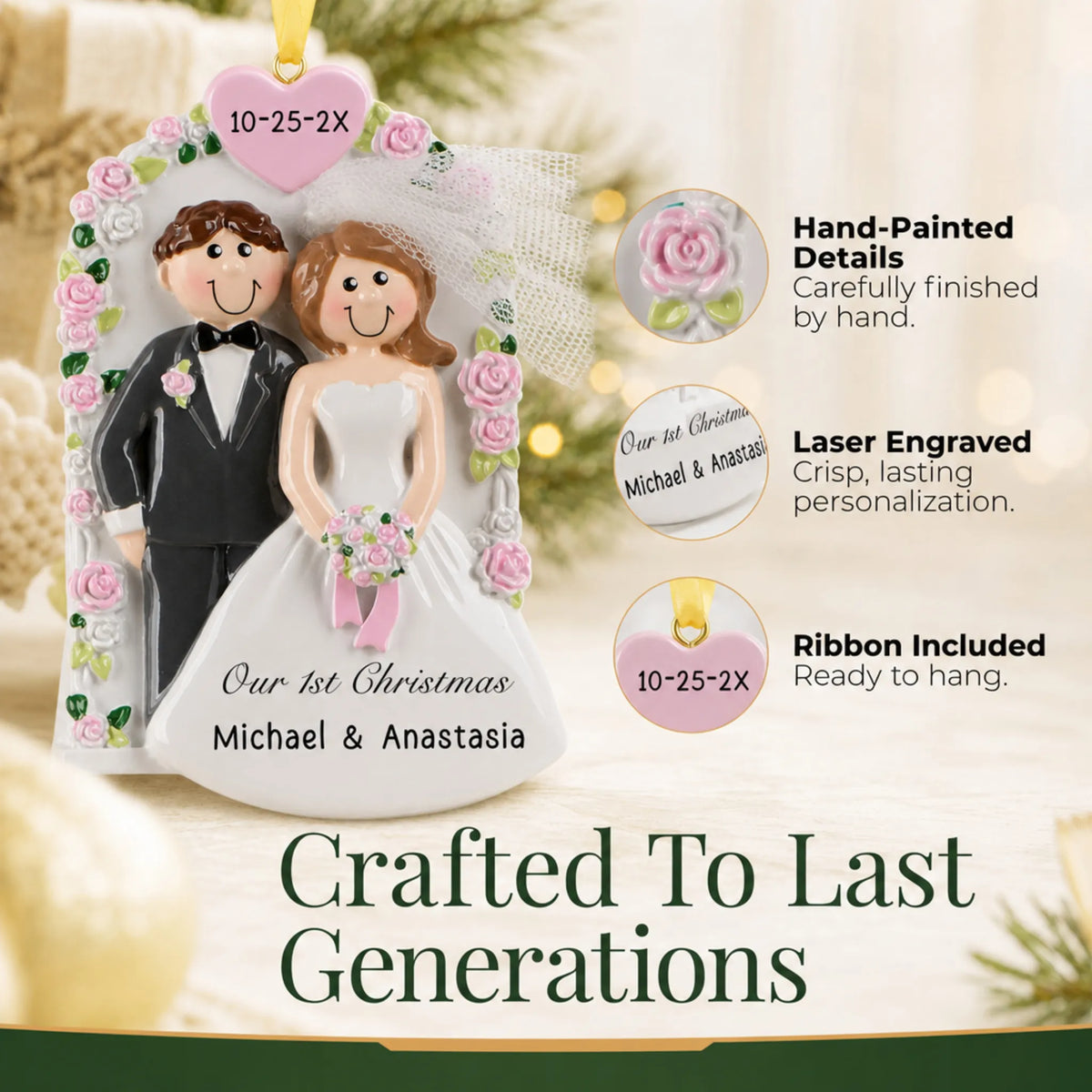 Hand-painted, laser engraved Wedding Arch Just Married christmas ornament, ribbon included