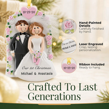 Hand-painted, laser engraved Wedding Arch Just Married christmas ornament, ribbon included