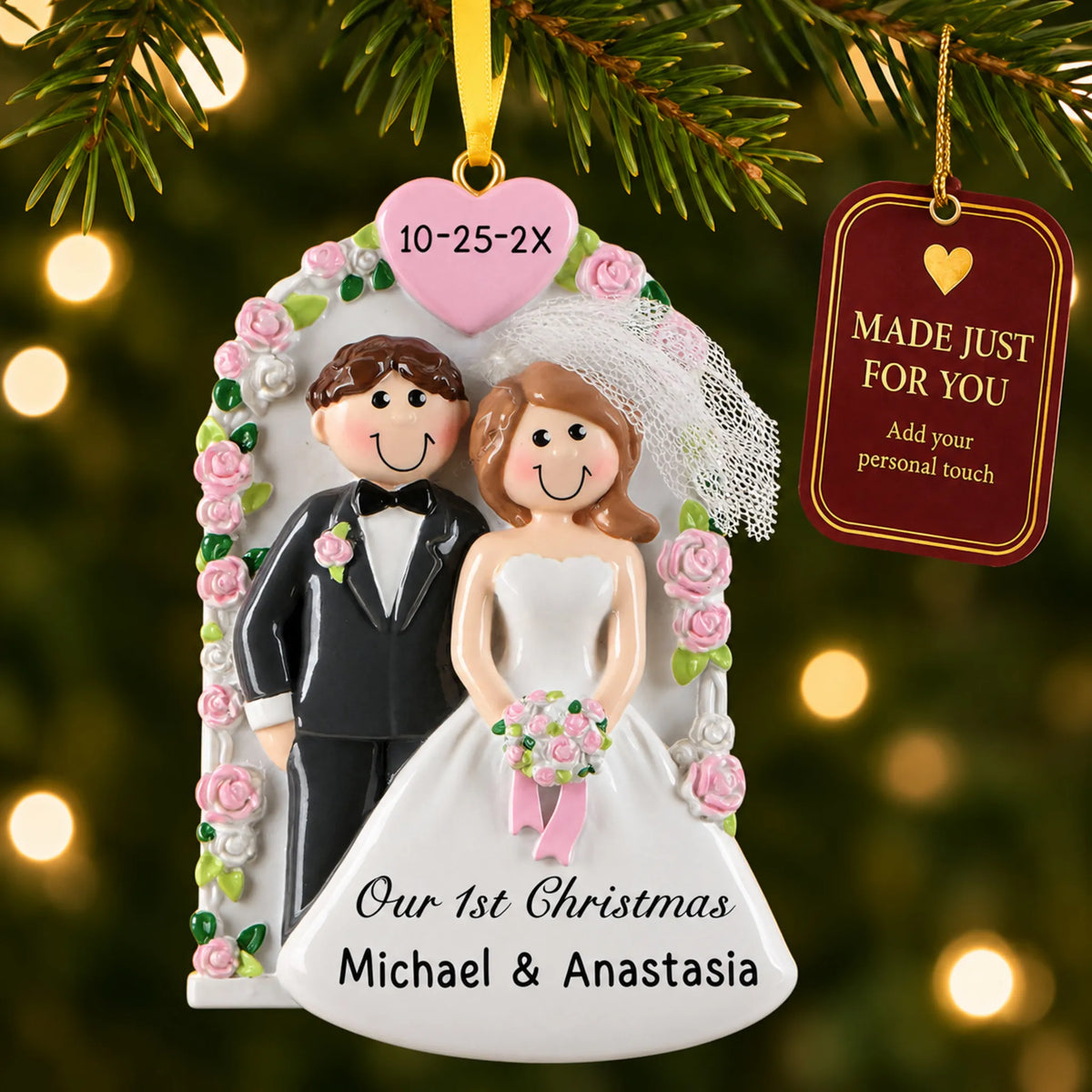 Wedding Arch Just Married christmas ornament hanging on a lit Christmas tree with a Made Just For You gift tag
