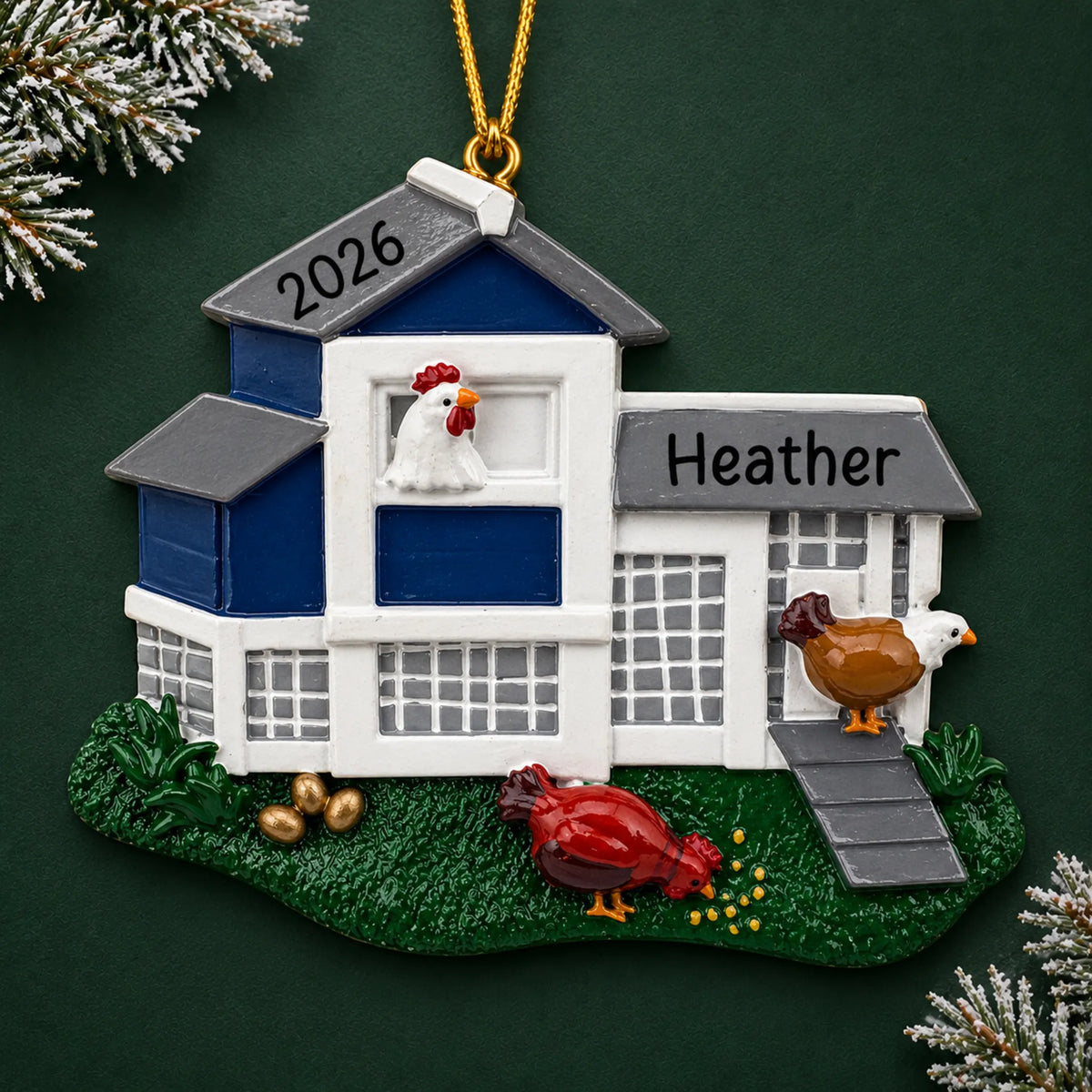 Personalized chicken coop christmas ornament on a dark green pine background