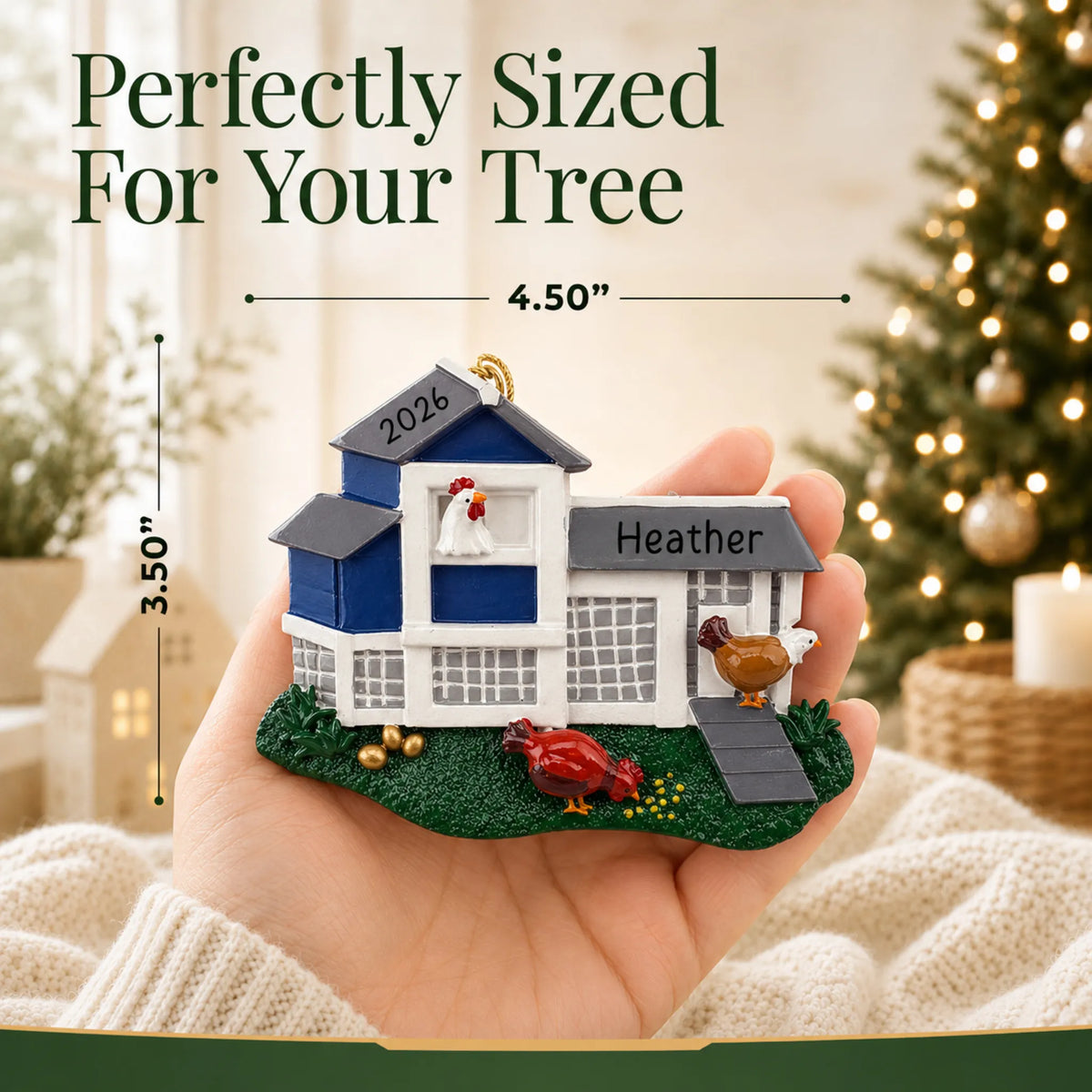 Size guide: the personalized chicken coop christmas ornament is 4.50 in wide by 3.50 in tall, shown in hand