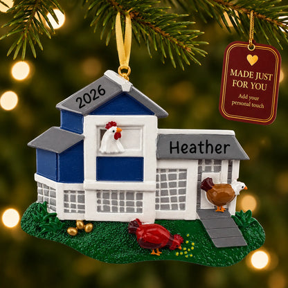 Chicken coop christmas ornament hanging on a lit Christmas tree with a Made Just For You gift tag