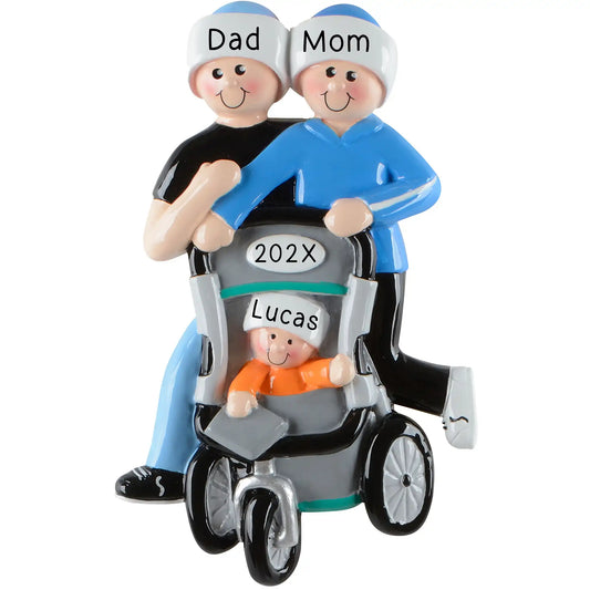 Personalized jogging couple Christmas ornament, parents pushing a baby stroller with names and year