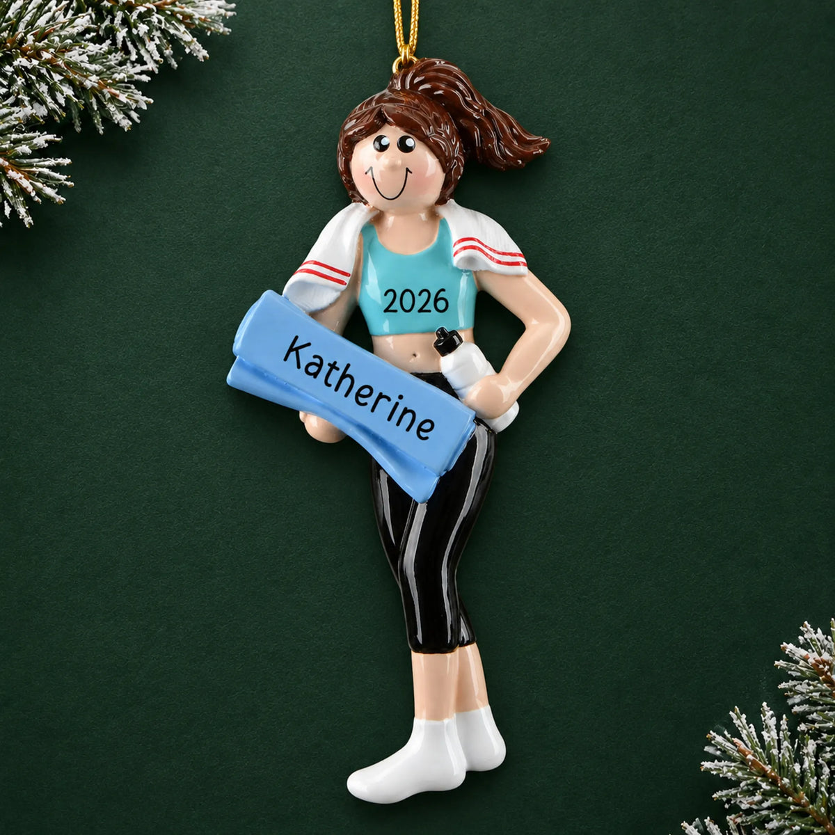 Personalized yoga girl christmas ornament on a dark green pine background