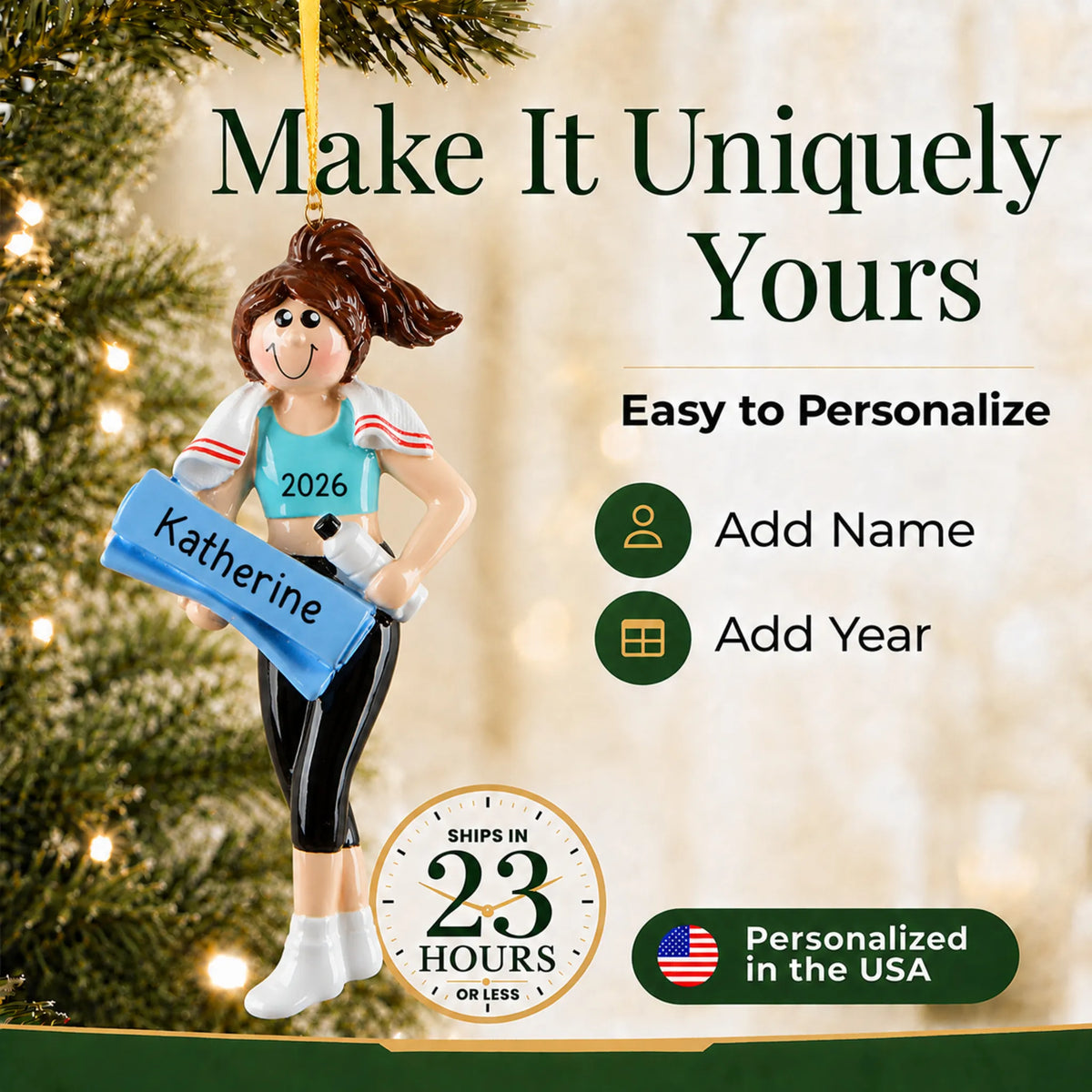 Make it yours: add name and year to the personalized yoga girl christmas ornament