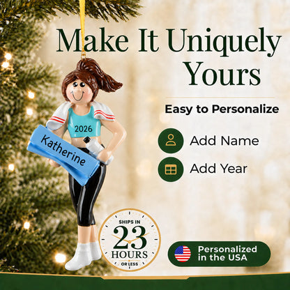 Make it yours: add name and year to the personalized yoga girl christmas ornament
