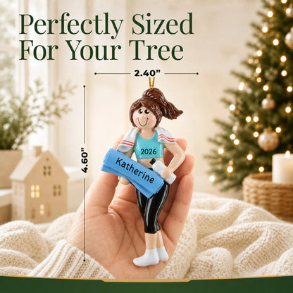 Size guide: the personalized yoga girl christmas ornament is 2.40 in wide by 4.60 in tall, shown in hand