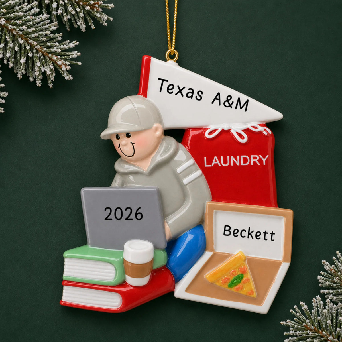 Personalized college dorm guy christmas ornament on a dark green pine background