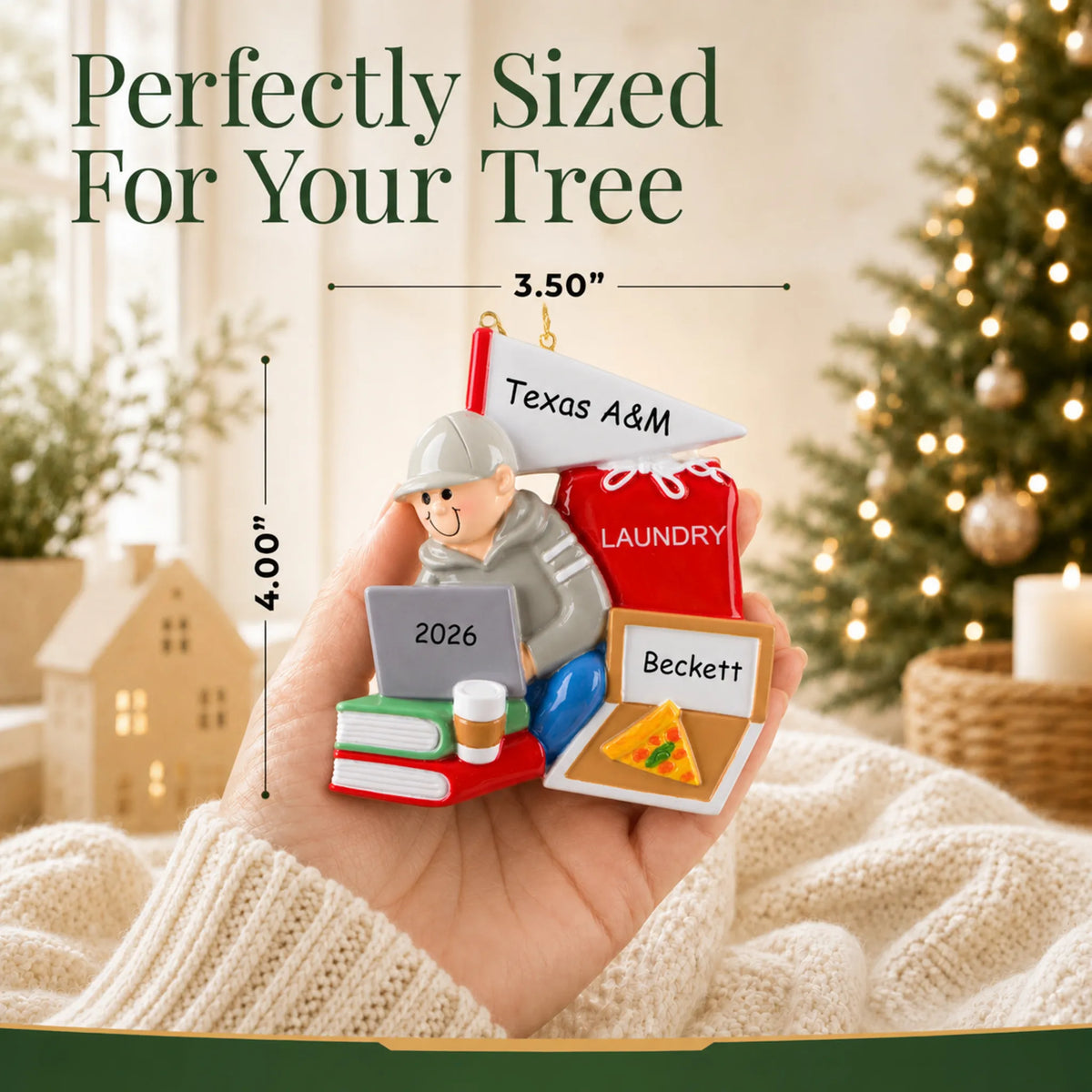 Size guide: the personalized college dorm guy christmas ornament is 3.50 in wide by 4.00 in tall, shown in hand