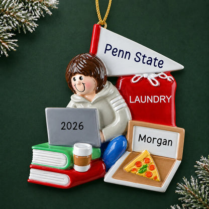 Personalized college dorm girl christmas ornament on a dark green pine background