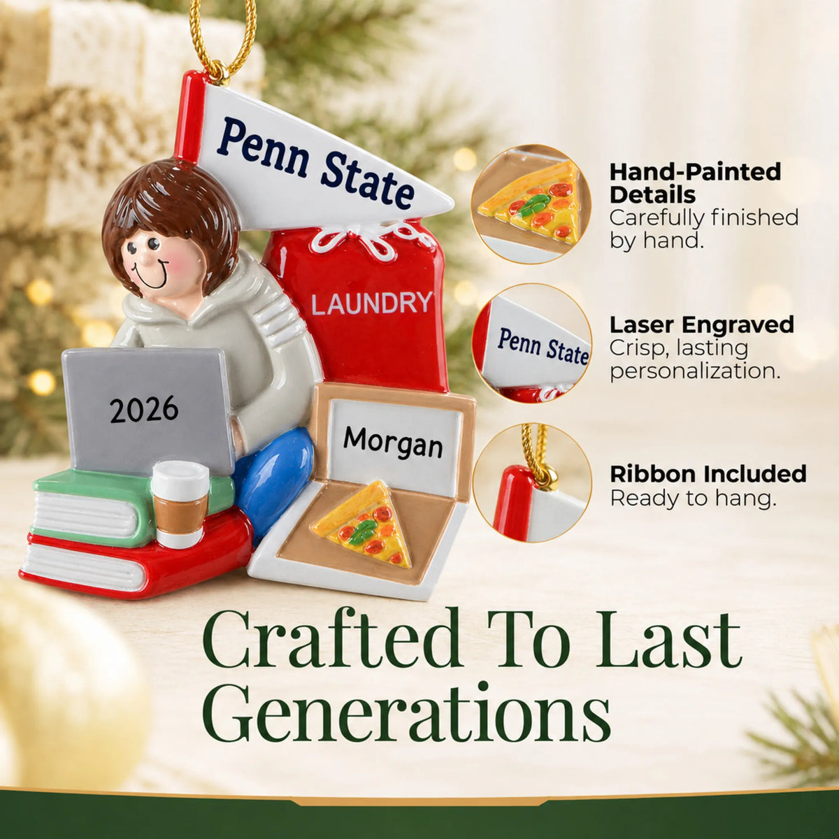 Hand-painted details and laser engraved personalization on the college dorm girl christmas ornament, ribbon included