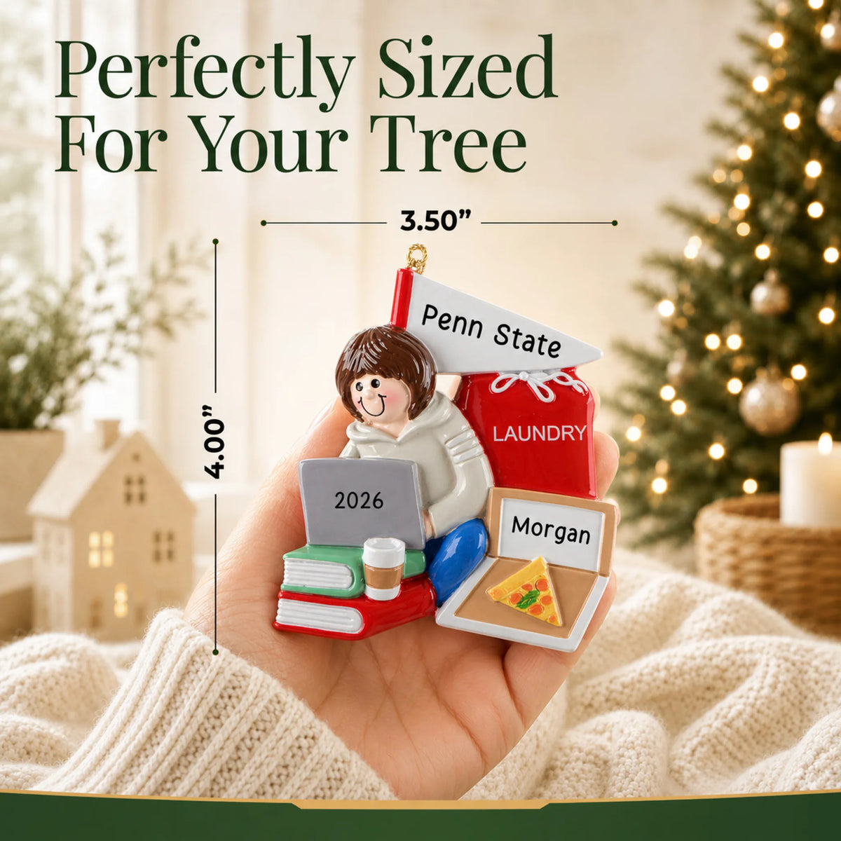 Size guide: the personalized college dorm girl christmas ornament is 3.50 in wide by 4.00 in tall, shown in hand
