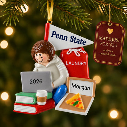 College dorm girl christmas ornament hanging on a lit Christmas tree with a Made Just For You gift tag