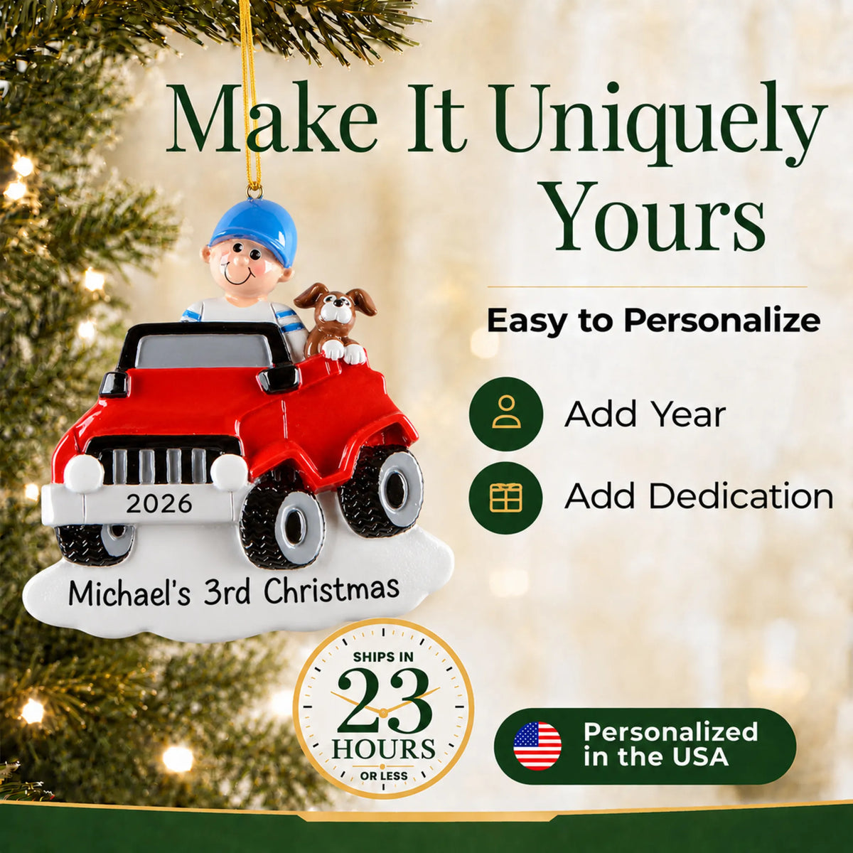Make it yours: add dedication and year to the personalized boys ride on electric car christmas ornament