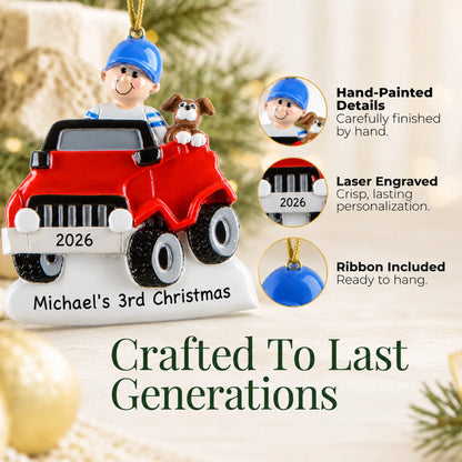 Hand-painted details and laser engraved personalization on the boys ride on electric car christmas ornament, ribbon included