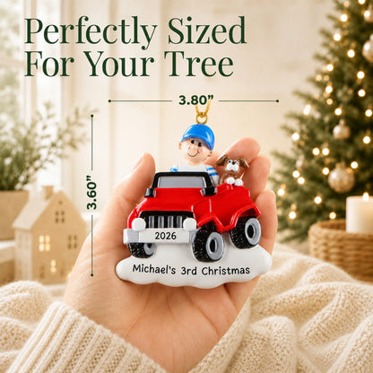 Size guide: the personalized boys ride on electric car christmas ornament is 3.80 in wide by 3.60 in tall, shown in hand