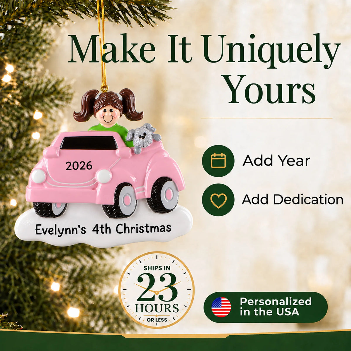 Make it yours: add dedication and year to the personalized girls ride on electric car christmas ornament