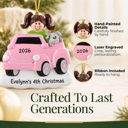 Hand-painted details and laser engraved personalization on the girls ride on electric car christmas ornament, ribbon included